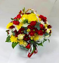 Цветочная композиция из Хризантемы и Розы в корзине в Большом Камне
